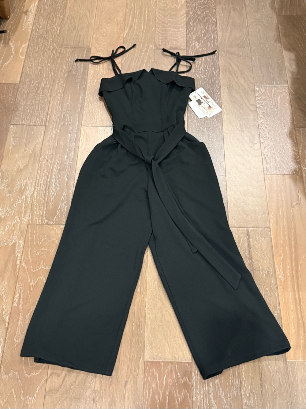 Honey and Rosie Black Tie-Shoulder Wide-Leg Jumpsuit with pockets and Waist Sash